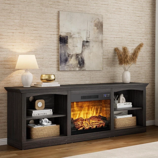 Main image of 70" Farmhouse Fireplace TV Stand for TVs up to 80", Entertainment Center with 23" Fireplace, Open Shelves, One-Box Delivery, Media Console Table for Living Room, Antique Black