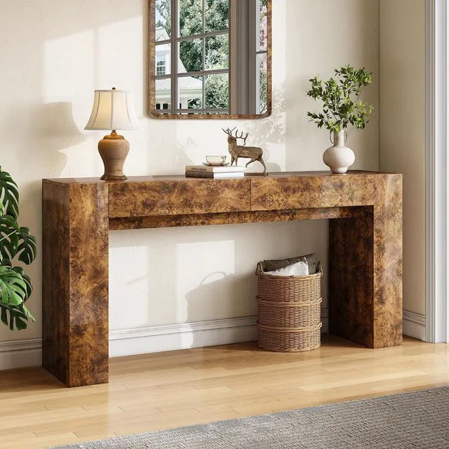 Main image of 63-Inch Modern Burl Wood Console Table with High Gloss Finish, Long Sofa Table with 2 Storage Drawers for Entryway, Hallway, Foyer or Living Room, Brown