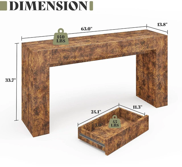 Alt view image 2 of 7 - 63-Inch Modern Burl Wood Console Table with High Gloss Finish, Long Sofa Table with 2 Storage Drawers for Entryway, Hallway, Foyer or Living Room, Brown