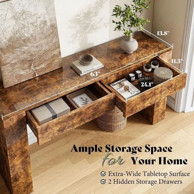 Alt view image 3 of 7 - 63-Inch Modern Burl Wood Console Table with High Gloss Finish, Long Sofa Table with 2 Storage Drawers for Entryway, Hallway, Foyer or Living Room, Brown