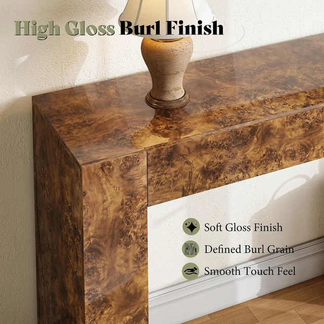 Alt view image 4 of 7 - 63-Inch Modern Burl Wood Console Table with High Gloss Finish, Long Sofa Table with 2 Storage Drawers for Entryway, Hallway, Foyer or Living Room, Brown