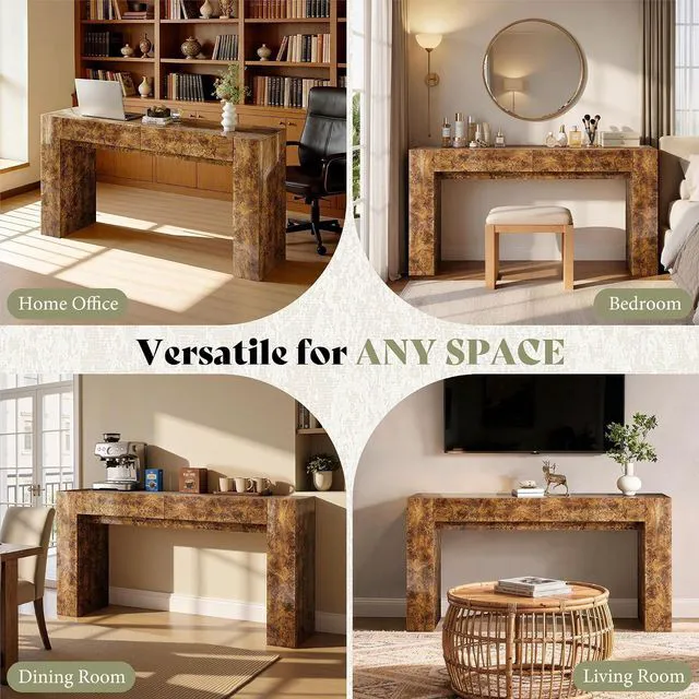 Alt view image 5 of 7 - 63-Inch Modern Burl Wood Console Table with High Gloss Finish, Long Sofa Table with 2 Storage Drawers for Entryway, Hallway, Foyer or Living Room, Brown