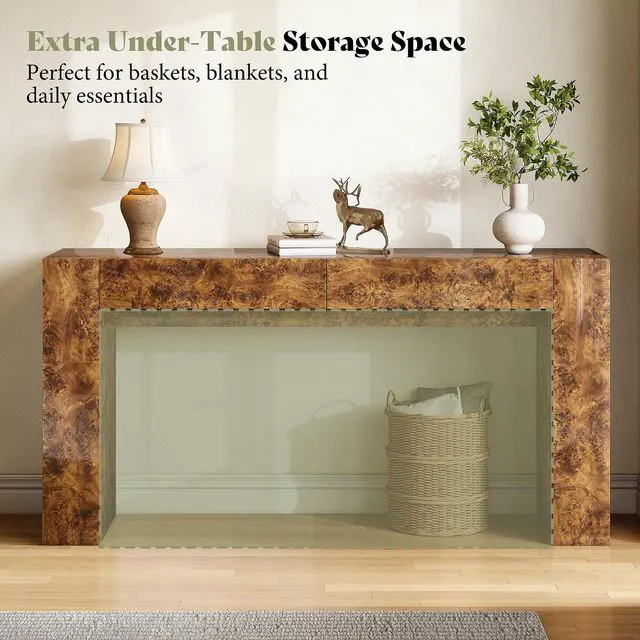 Alt view image 6 of 7 - 63-Inch Modern Burl Wood Console Table with High Gloss Finish, Long Sofa Table with 2 Storage Drawers for Entryway, Hallway, Foyer or Living Room, Brown