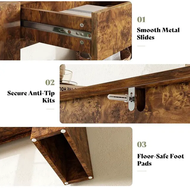 Alt view image 7 of 7 - 63-Inch Modern Burl Wood Console Table with High Gloss Finish, Long Sofa Table with 2 Storage Drawers for Entryway, Hallway, Foyer or Living Room, Brown