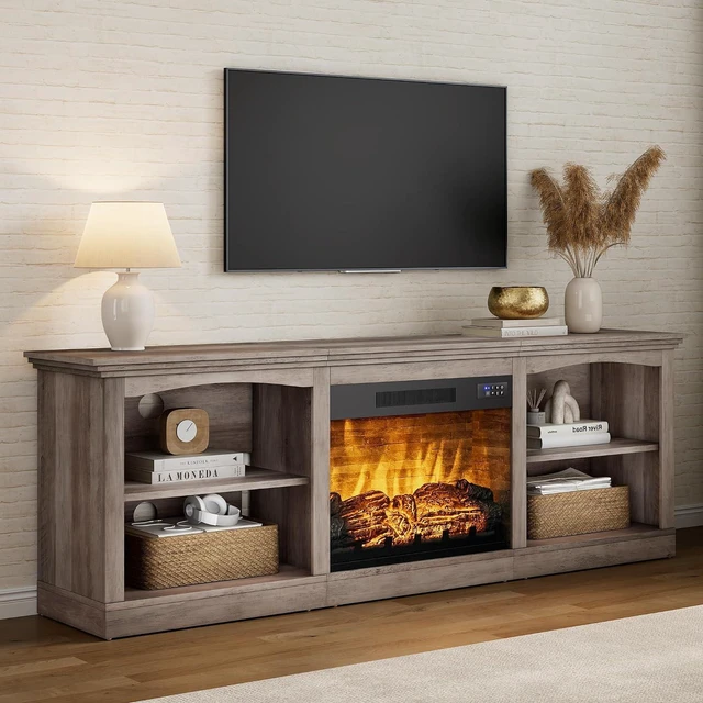 Main image of 70" Farmhouse Fireplace TV Stand for TVs up to 80", Entertainment Center with 23" Fireplace, Open Shelves, One-Box Delivery, Media Console Table for Living Room, Rustic Grey
