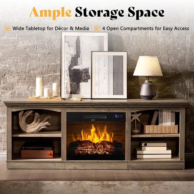 Alt view image 4 of 7 - 70" Farmhouse Fireplace TV Stand for TVs up to 80", Entertainment Center with 23" Fireplace, Open Shelves, One-Box Delivery, Media Console Table for Living Room, Rustic Grey
