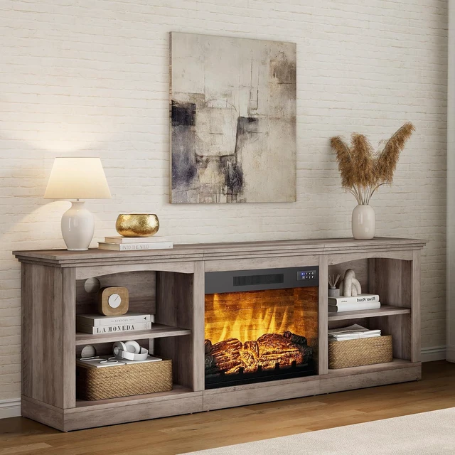 Alt view image 7 of 7 - 70" Farmhouse Fireplace TV Stand for TVs up to 80", Entertainment Center with 23" Fireplace, Open Shelves, One-Box Delivery, Media Console Table for Living Room, Rustic Grey