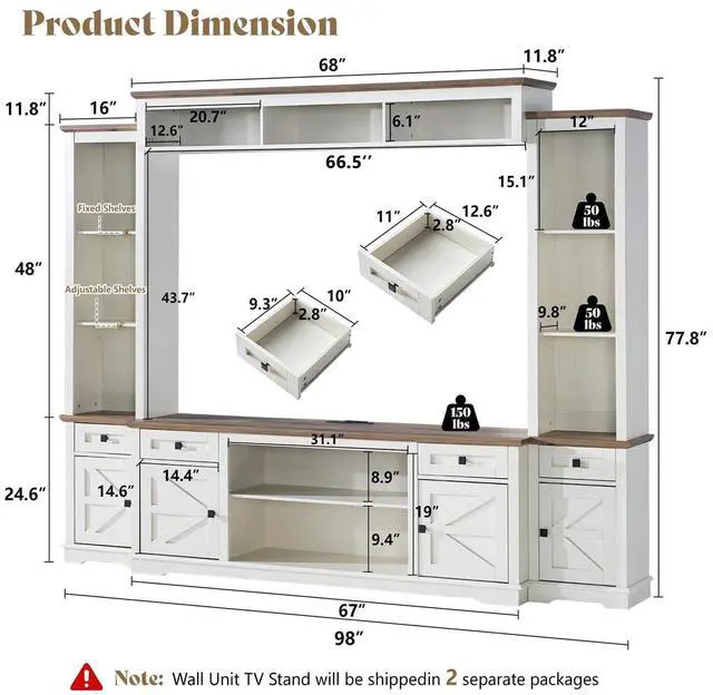 Alt view image 2 of 7 - 98" Farmhouse Wall Unit Entertainment Center with Bookshelves, Wine Cabinet, Fits 75" TVs, Rustic Media Console for Living Room, Large TV Stand with Power Outlets & Barn Door, Off-White