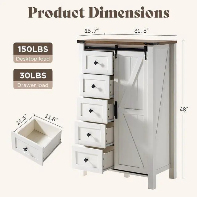 Alt view image 2 of 7 - 3-Piece Farmhouse Bedroom Furniture Set with Storage Cabinet and 2 Nightstands, Sliding Barn Door Wood Cabinet Set for Bedroom and Entryway, Distressed White