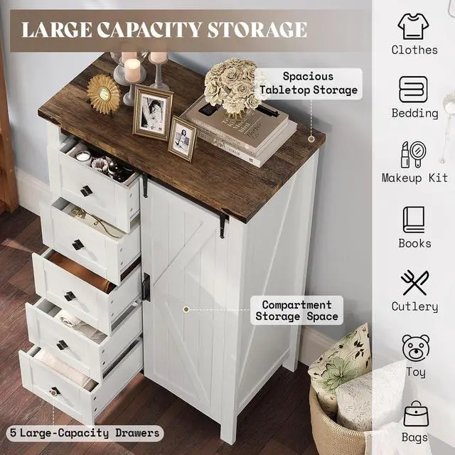 Alt view image 4 of 7 - 3-Piece Farmhouse Bedroom Furniture Set with Storage Cabinet and 2 Nightstands, Sliding Barn Door Wood Cabinet Set for Bedroom and Entryway, Distressed White