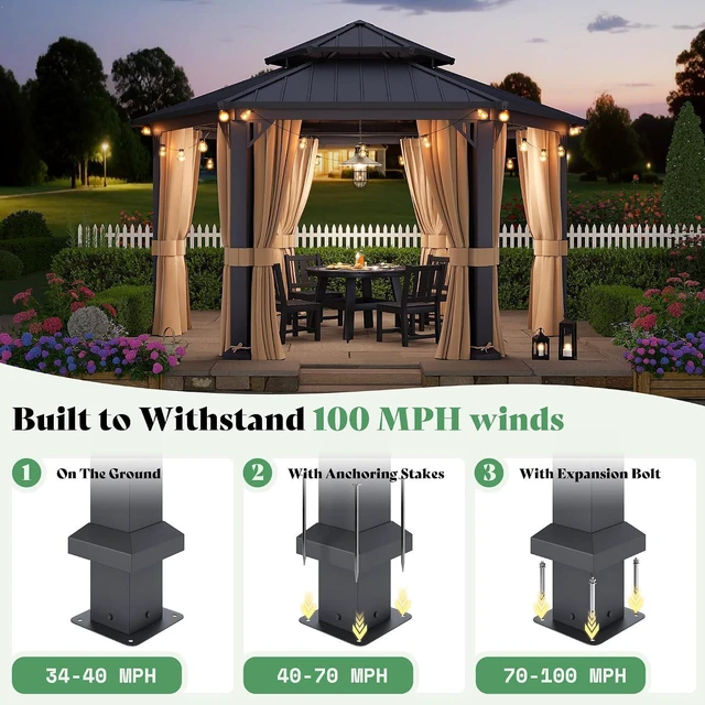 Alt view image 3 of 7 - 13X15FT Hardtop Gazebo, Hexagon Metal Patio Gazebo, Double Tiered Patio Pavilion with Aluminum Foot, Ceiling Hook, for Patio Lawn Garden, Backyard Shade, Netting and Curtains Included