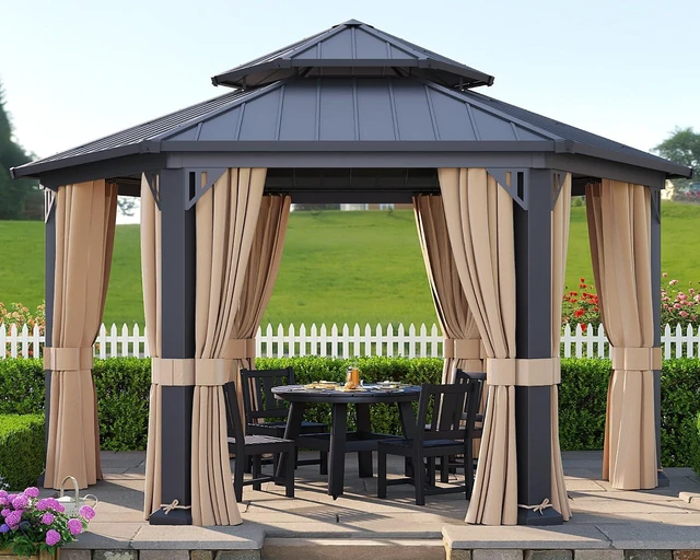 Main image of 13X15FT Hardtop Gazebo, Hexagon Metal Patio Gazebo, Double Tiered Patio Pavilion with Aluminum Foot, Ceiling Hook, for Patio Lawn Garden, Backyard Shade, Netting and Curtains Included