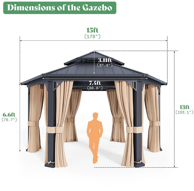 Alt view image 2 of 7 - 13X15FT Hardtop Gazebo, Hexagon Metal Patio Gazebo, Double Tiered Patio Pavilion with Aluminum Foot, Ceiling Hook, for Patio Lawn Garden, Backyard Shade, Netting and Curtains Included