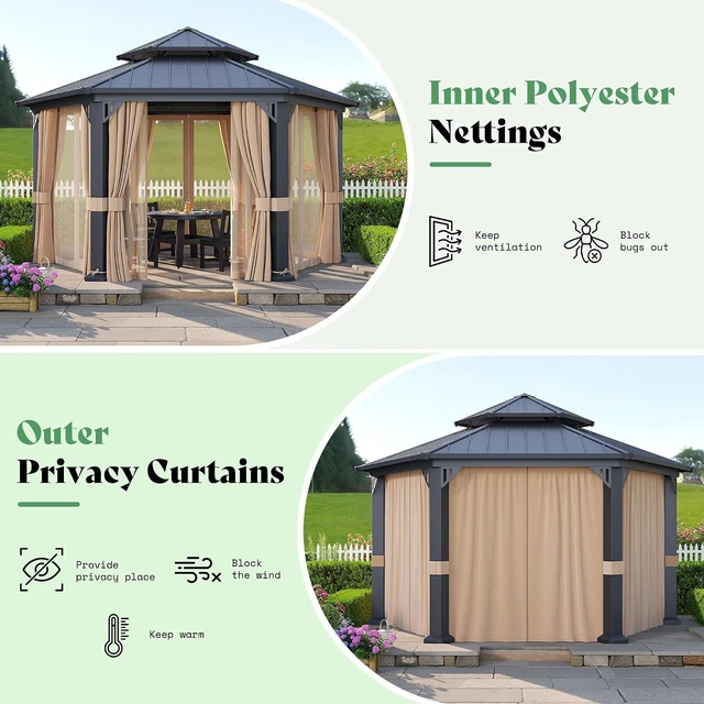 Alt view image 5 of 7 - 13X15FT Hardtop Gazebo, Hexagon Metal Patio Gazebo, Double Tiered Patio Pavilion with Aluminum Foot, Ceiling Hook, for Patio Lawn Garden, Backyard Shade, Netting and Curtains Included