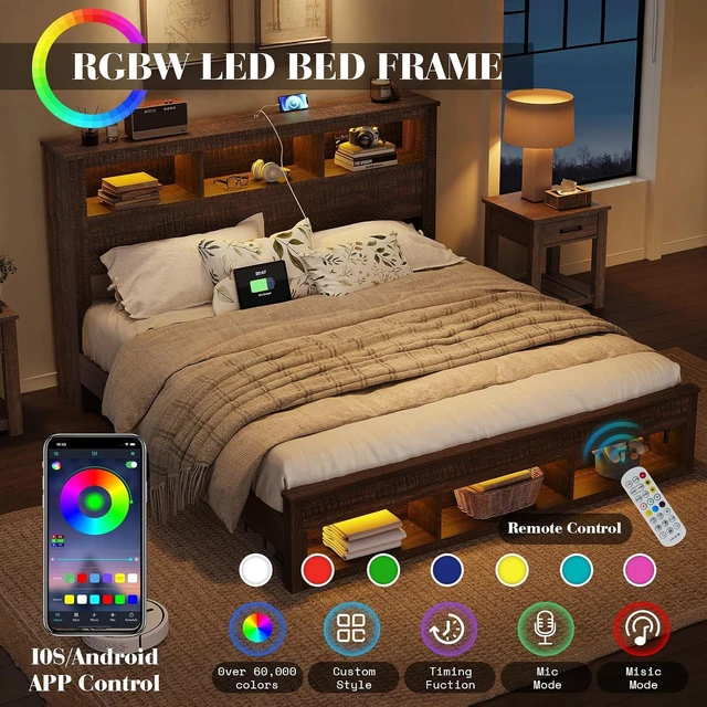 Alt view image 5 of 7 - Full Bed Frame with 47.2 Bookcase Storage Headboard & Footboard, Farmhouse Wooden Platform Bed with LED Light & Charging Station, No Box Spring Needed, Noise Free, Rustic Brown