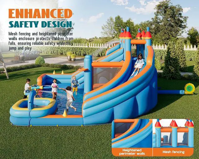 Alt view image 2 of 7 - Bounce House, Inflatable Bouncer with 550W Air Blower, Jumping Castle with Slide, Outdoor Indoor Bouncy Castle with Oxford Fabric for Kids 3-12 (179.1×169.3×108.3IN)