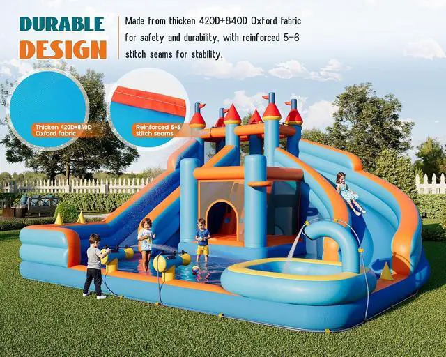 Alt view image 3 of 7 - Bounce House, Inflatable Bouncer with 550W Air Blower, Jumping Castle with Slide, Outdoor Indoor Bouncy Castle with Oxford Fabric for Kids 3-12 (179.1×169.3×108.3IN)