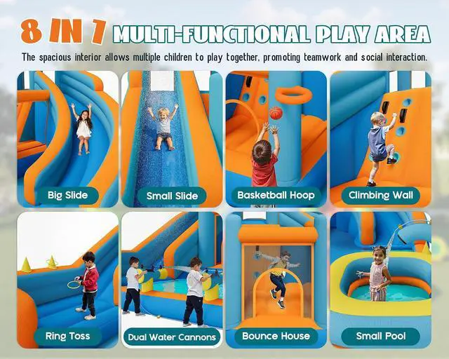 Alt view image 5 of 7 - Bounce House, Inflatable Bouncer with 550W Air Blower, Jumping Castle with Slide, Outdoor Indoor Bouncy Castle with Oxford Fabric for Kids 3-12 (179.1×169.3×108.3IN)