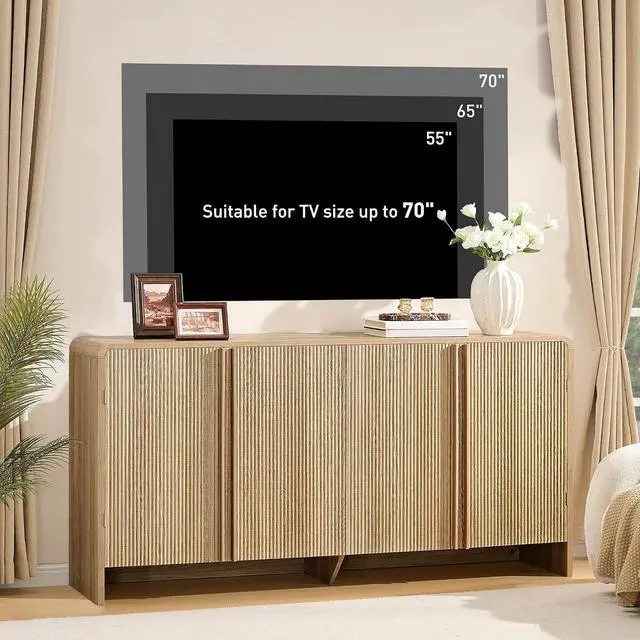 Alt view image 3 of 7 - 63" Fluted TV Stand Media Console Cabinet with Storage, Modern Credenza Entertainment Center with 4 Doors & Adjustable Shelves, Wood Coffee Bar for Living Room, Hallway, Natural Oak