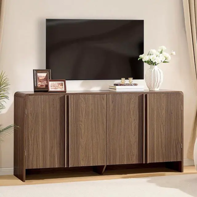 Main image of 63" Fluted TV Stand Media Console Cabinet with Storage, Modern Credenza Entertainment Center with 4 Doors & Adjustable Shelves, Wood Coffee Bar for Living Room, Hallway, Brown