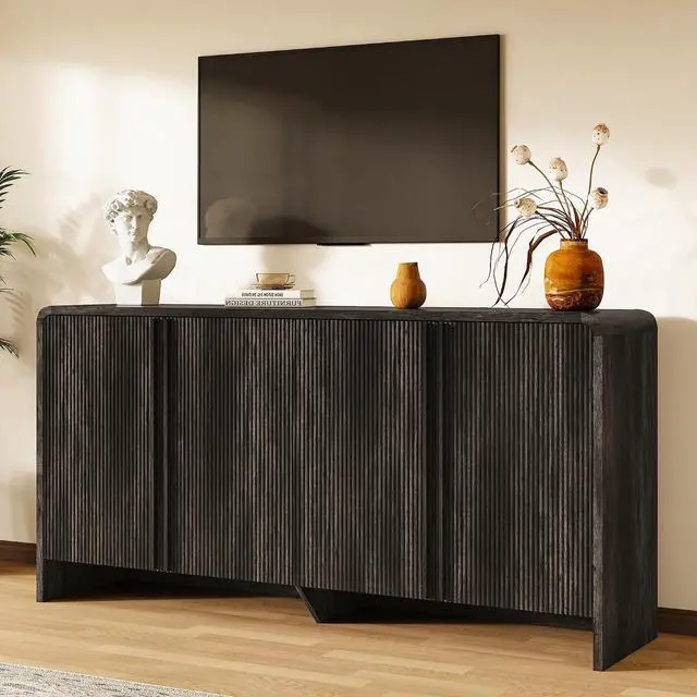 Main image of 63" Fluted TV Stand Media Console Cabinet with Storage, Modern Credenza Entertainment Center with 4 Doors & Adjustable Shelves, Wood Coffee Bar for Living Room, Hallway, Black