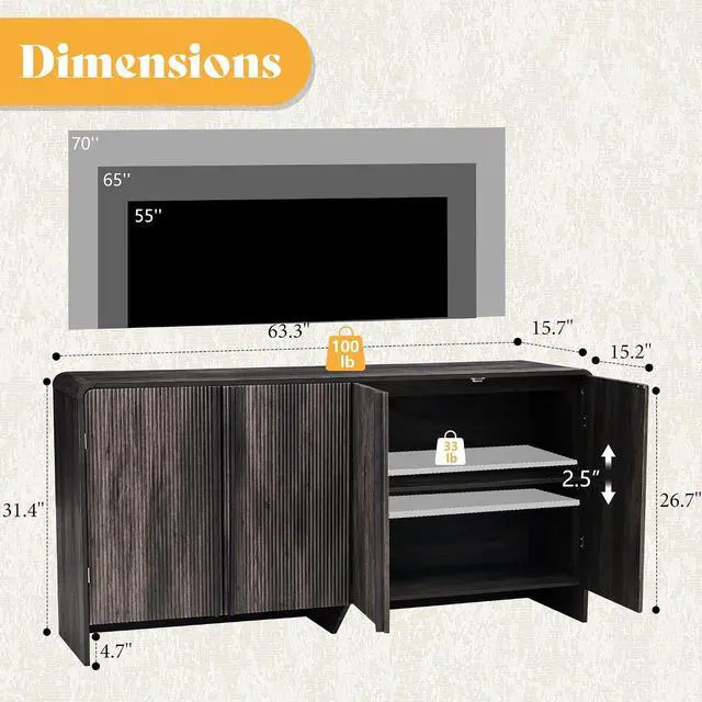 Alt view image 2 of 7 - 63" Fluted TV Stand Media Console Cabinet with Storage, Modern Credenza Entertainment Center with 4 Doors & Adjustable Shelves, Wood Coffee Bar for Living Room, Hallway, Black
