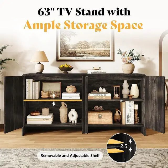 Alt view image 3 of 7 - 63" Fluted TV Stand Media Console Cabinet with Storage, Modern Credenza Entertainment Center with 4 Doors & Adjustable Shelves, Wood Coffee Bar for Living Room, Hallway, Black