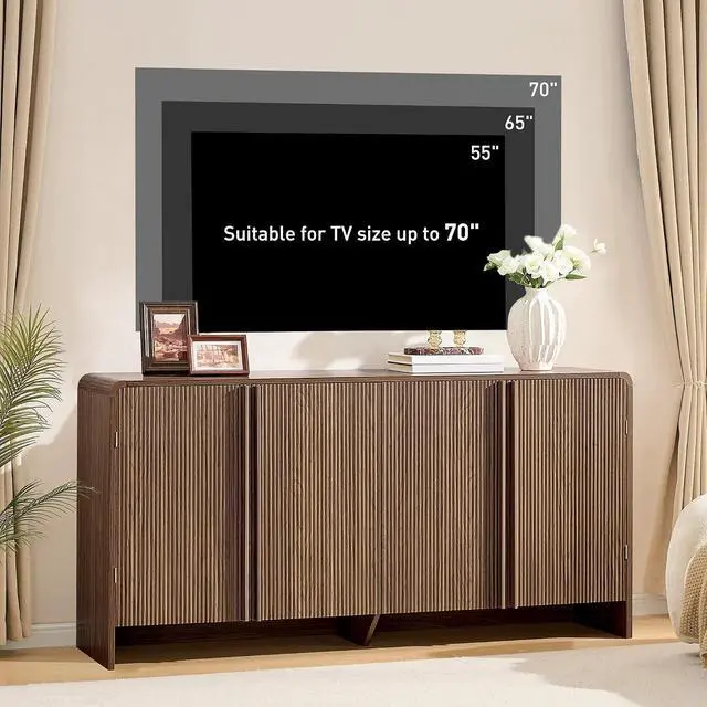 Alt view image 3 of 7 - 63" Fluted TV Stand Media Console Cabinet with Storage, Modern Credenza Entertainment Center with 4 Doors & Adjustable Shelves, Wood Coffee Bar for Living Room, Hallway, Brown