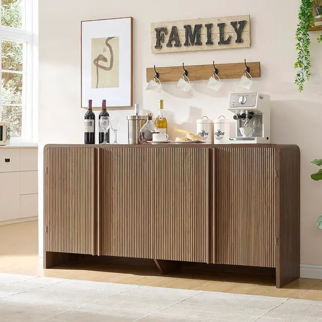 Alt view image 4 of 7 - 63" Fluted TV Stand Media Console Cabinet with Storage, Modern Credenza Entertainment Center with 4 Doors & Adjustable Shelves, Wood Coffee Bar for Living Room, Hallway, Brown