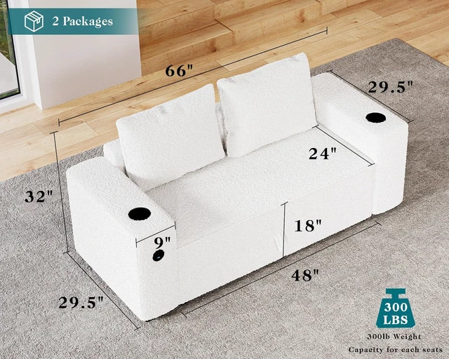 Alt view image 2 of 6 - 66" Loveseat Sofa with Storage, 2 USB Ports & Cup Holders, Modern Bouclé Upholstered Couch for Small Spaces, Bedroom and Living Room, White