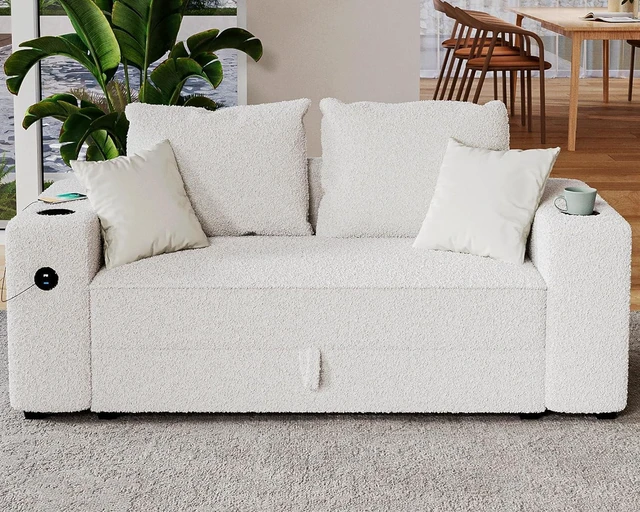 Main image of 66" Loveseat Sofa with Storage, 2 USB Ports & Cup Holders, Modern Bouclé Upholstered Couch for Small Spaces, Bedroom and Living Room, White