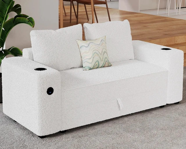 Alt view image 6 of 6 - 66" Loveseat Sofa with Storage, 2 USB Ports & Cup Holders, Modern Bouclé Upholstered Couch for Small Spaces, Bedroom and Living Room, White