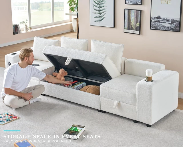Alt view image 4 of 6 - 114" Modular Sectional Sofa, 4-Seat Bouclé Couch with Hidden Storage, 2 USB Charging Ports, Cup Holders and Loveseat, Convertible Sectional Sofa for Living Room, White