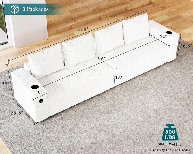 Alt view image 2 of 6 - 114" Modular Sectional Sofa, 4-Seat Bouclé Couch with Hidden Storage, 2 USB Charging Ports, Cup Holders and Loveseat, Convertible Sectional Sofa for Living Room, White