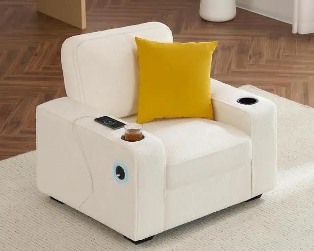 Main image of Accent Chair with USB Charging Ports & Cup Holders, Modern Living Room Chair for Bedroom, Apartment and Reading Nook, Bouclé Upholstered, Off White