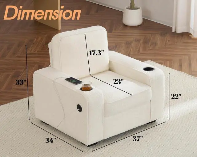 Alt view image 2 of 7 - Accent Chair with USB Charging Ports & Cup Holders, Modern Living Room Chair for Bedroom, Apartment and Reading Nook, Bouclé Upholstered, Off White