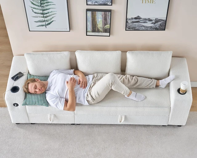 Alt view image 5 of 6 - 114" Modular Sectional Sofa, 4-Seat Bouclé Couch with Hidden Storage, 2 USB Charging Ports, Cup Holders and Loveseat, Convertible Sectional Sofa for Living Room, White