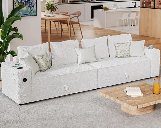 Alt view image 6 of 6 - 114" Modular Sectional Sofa, 4-Seat Bouclé Couch with Hidden Storage, 2 USB Charging Ports, Cup Holders and Loveseat, Convertible Sectional Sofa for Living Room, White