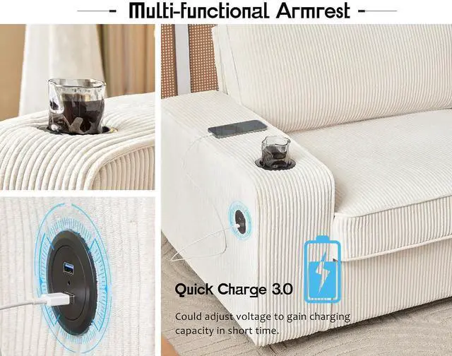 Alt view image 3 of 7 - Accent Chair with USB Charging Ports & Cup Holders, Modern Living Room Chair for Bedroom, Apartment and Reading Nook, Bouclé Upholstered, Off White