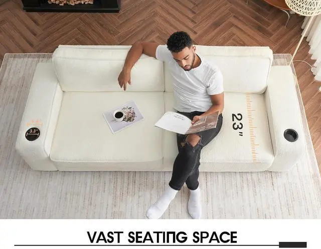 Alt view image 6 of 7 - Accent Chair with USB Charging Ports & Cup Holders, Modern Living Room Chair for Bedroom, Apartment and Reading Nook, Bouclé Upholstered, Off White