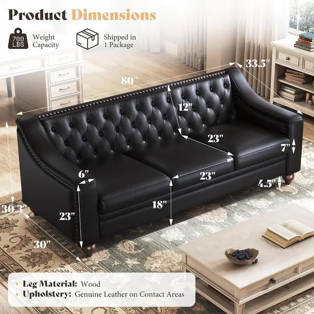 Alt view image 2 of 7 - 80" Leather Sofa, Modern Chesterfield Genuine Leather Sofa, Tufted 3 Seater Black Leather Couch with Curved Arms, Leather Couches for Living Room
