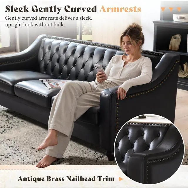 Alt view image 5 of 7 - 80" Leather Sofa, Modern Chesterfield Genuine Leather Sofa, Tufted 3 Seater Black Leather Couch with Curved Arms, Leather Couches for Living Room