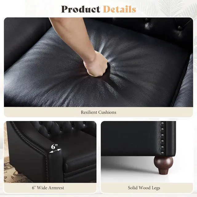 Alt view image 6 of 7 - 80" Leather Sofa, Modern Chesterfield Genuine Leather Sofa, Tufted 3 Seater Black Leather Couch with Curved Arms, Leather Couches for Living Room