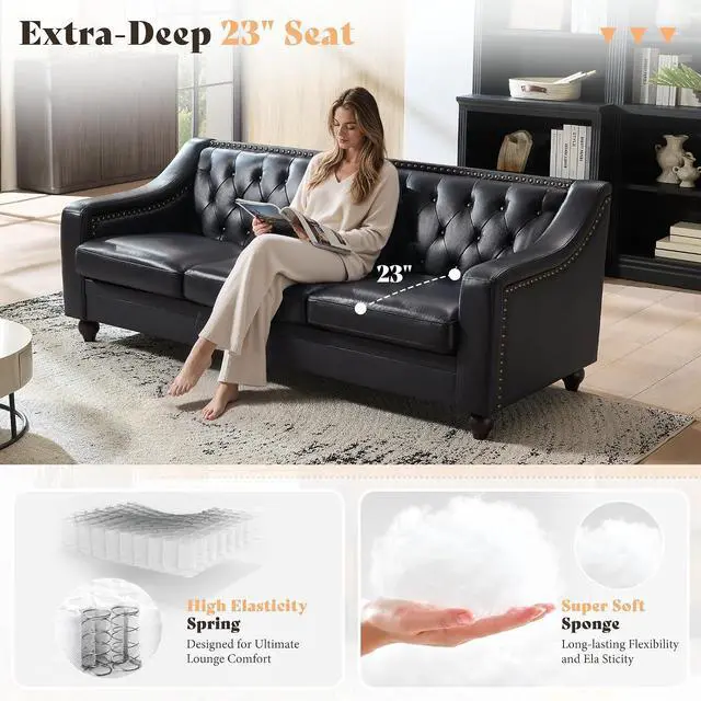 Alt view image 7 of 7 - 80" Leather Sofa, Modern Chesterfield Genuine Leather Sofa, Tufted 3 Seater Black Leather Couch with Curved Arms, Leather Couches for Living Room