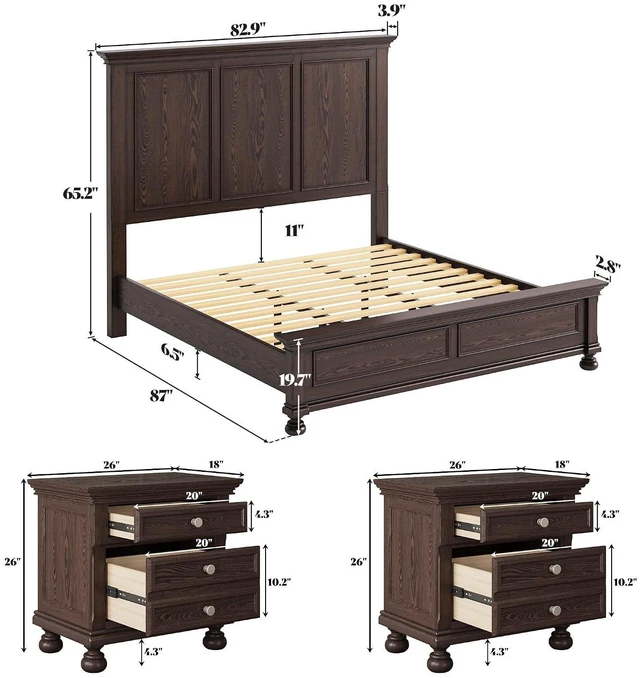 Alt view image 2 of 7 - Solid Wood 3 Piece Bedroom Set Including 65.2" High King Bed Frame, Fully Assembled Nightstands Set of 2 with 2 Storage Drawers for Bedroom, Dark Brown