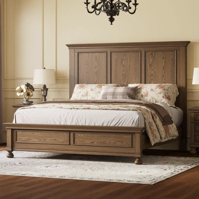 Alt view image 4 of 7 - Solid Wood 3 Piece Bedroom Set Including 65.2" High Queen Bed Frame, Fully Assembled Nightstands Set of 2 with 2 Storage Drawers for Bedroom, Light Brown