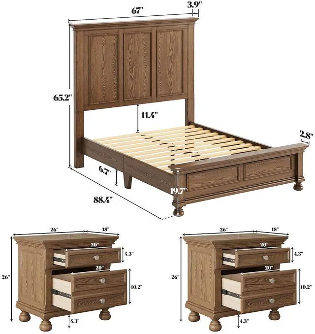 Alt view image 2 of 7 - Solid Wood 3 Piece Bedroom Set Including 65.2" High Queen Bed Frame, Fully Assembled Nightstands Set of 2 with 2 Storage Drawers for Bedroom, Light Brown