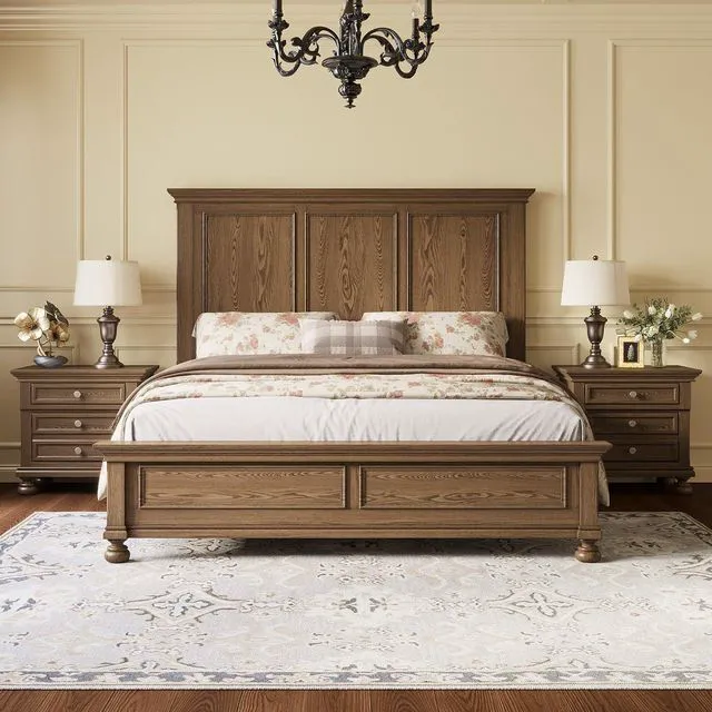 Main image of Solid Wood 3 Piece Bedroom Set Including 65.2" High Queen Bed Frame, Fully Assembled Nightstands Set of 2 with 2 Storage Drawers for Bedroom, Light Brown