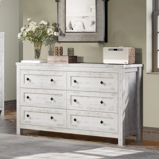 Main image of 6 Drawer Farmhouse Dresser for Bedroom, 54" Wide Dresser TV Stand with Large Drawers, Wood Chest of Drawers with Vintage Grain Texture, Rustic White