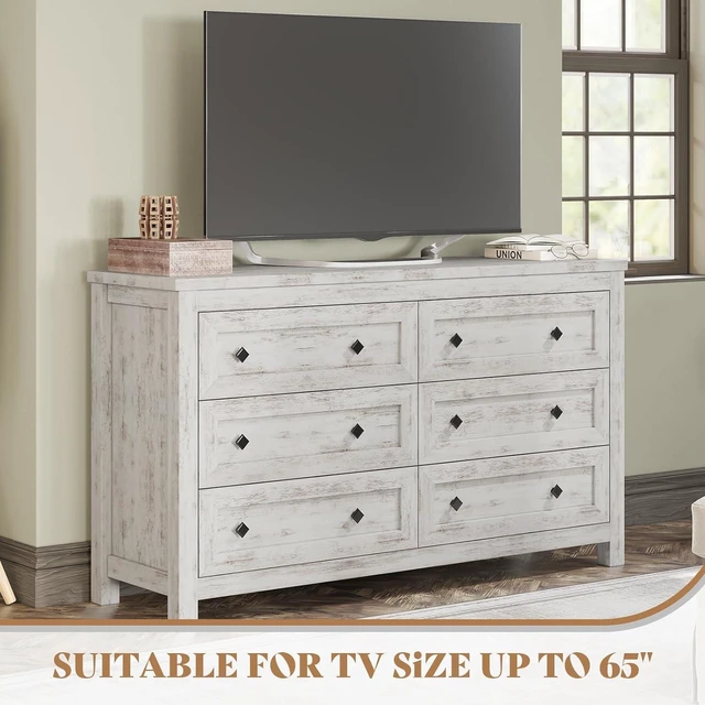 Alt view image 3 of 7 - 6 Drawer Farmhouse Dresser for Bedroom, 54" Wide Dresser TV Stand with Large Drawers, Wood Chest of Drawers with Vintage Grain Texture, Rustic White